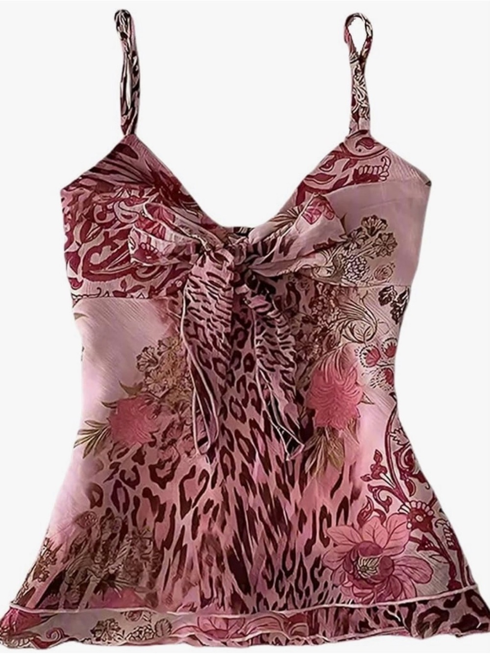 Y2k Pink Floral & Animal Print Bow-Front Cami Top